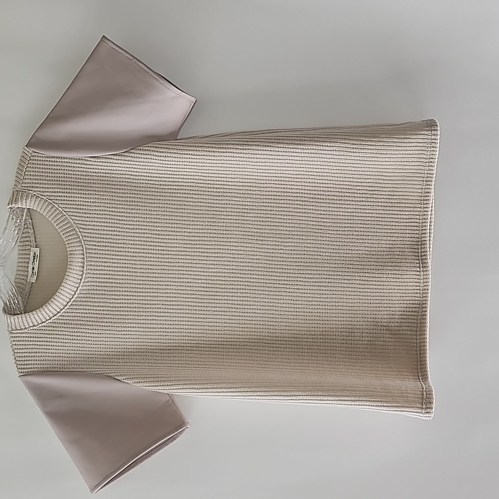 Cream Ribbed Knit Top with Faux Leather Sleeve
